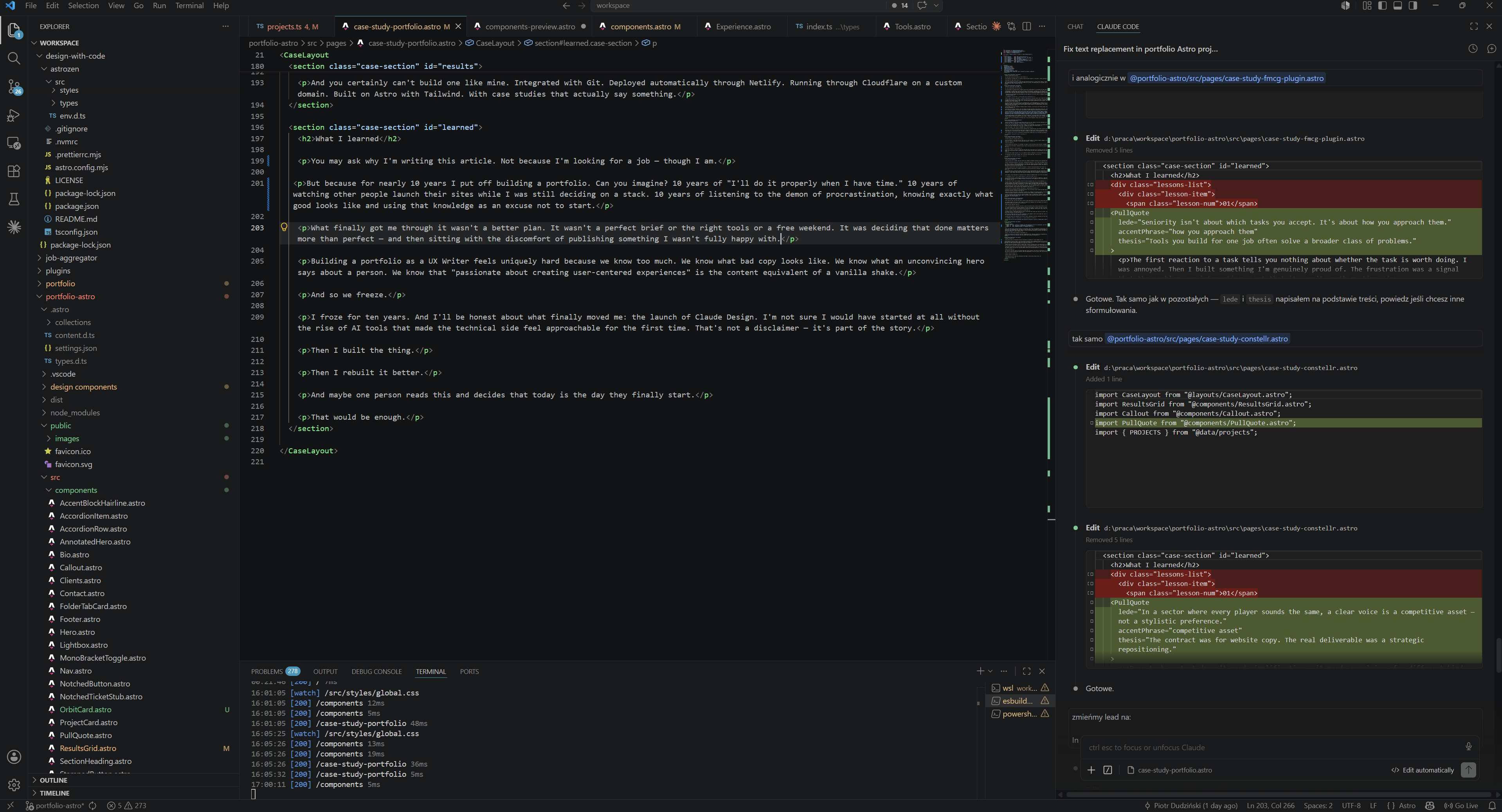 VS Code workspace with Claude Code terminal